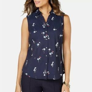 Charter Club Navy Floral Button-Up Blouse
